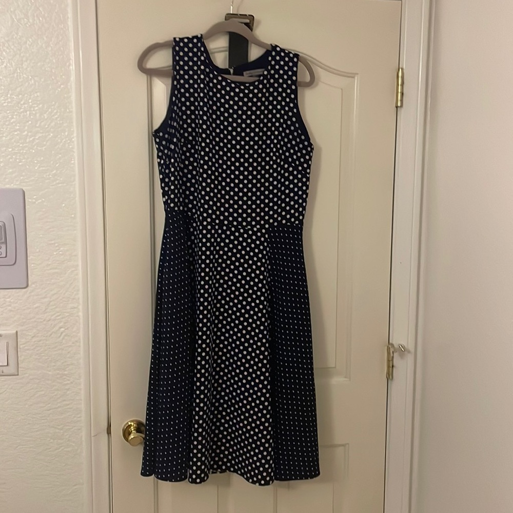 Navy & white Danny & Nicole polka dot swing dress with belt